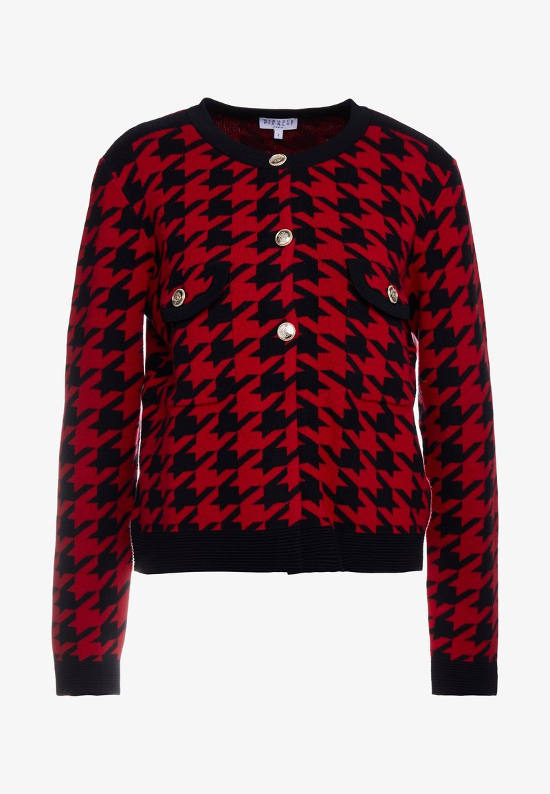 Czarny i czerwony kardigan w wzór houndstooth z długimi rękawami, okrągłym dekoltem i złotymi guzikami. Posiada dwie przednie kieszenie.