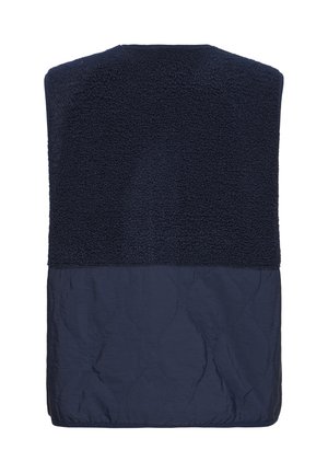 Marineblauw mouwloos vest met een getextureerde bovenkant en doorgestikte onderkant, gezien van achteren.