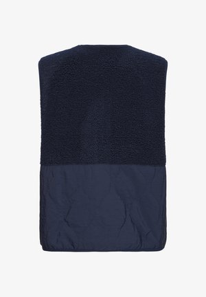 Marineblauw mouwloos vest met een getextureerde bovenkant en doorgestikte onderkant, gezien van achteren.