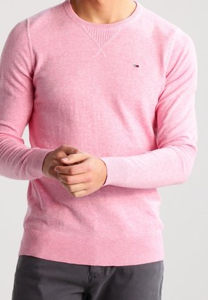Mann trägt einen hellrosa Pullover mit Rundhalsausschnitt und kleinem Logo auf der Brust, kombiniert mit dunkelgrauer Hose, Hände verschränkt.