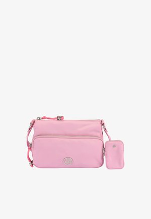 Borsa a tracolla in nylon rosa con un vano principale con zip, tasca frontale con zip e portamonete staccabile. Dotata di hardware in argento e dettagli con logo.