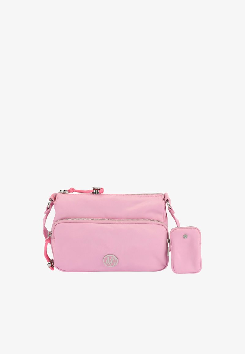 Borsa a tracolla in nylon rosa con un vano principale con zip, tasca frontale con zip e portamonete staccabile. Dotata di hardware in argento e dettagli con logo.