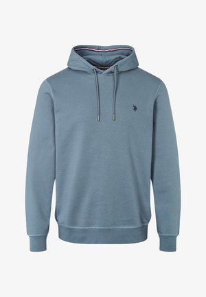 Svijetloplava dukserica s kapuljačom na vezice, rebrastim manšetama i rubom, s malim tamnim logom na prsima. Glatka i mekana tekstura tkanine.