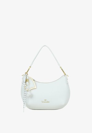 Borsa in pelle bianca con un manico singolo, dettagli dorati, un charm a forma di cuore e nappine decorative, con marchio "Braccialini" sul davanti.