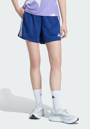 Person trägt blaue Sportschuhe, weiße Adidas-Socken und weiße Laufschuhe, steht vor einfachem Hintergrund.