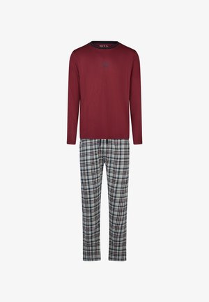 Langärmeliges bordeauxrotes Oberteil mit rundem Ausschnitt, kombiniert mit karierten Schlafanzughosen in Blau, Weiß und Burgunder. Baumwollmischgewebe, lockere Passform.