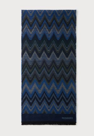 Rechteckiger Schal mit blauem, schwarzem und grauem Zickzackmuster und kleinen Fransen am unteren Rand.