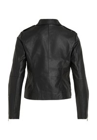 Black leather jacket with a fitted design, featuring a notched collar, zippered sleeves, and visible seam detailing on the back.
