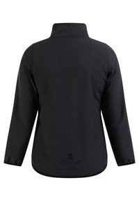 Svart jacka med ståkrage, långa ärmar, slät textur, inga synliga knäppningar och en broderad logotyp på nedre delen av ryggen.