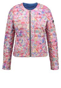 Vadderad jacka i en livlig, flerfärgad blommönster, med dragkedja fram, rund halsringning och långa ärmar. Mjuk, lättviktsmaterial.