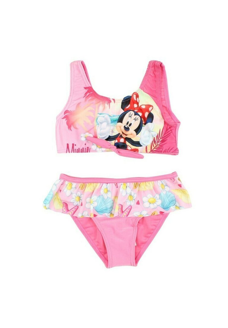 Ce maillot de bain deux pièces rose présente un haut avec un imprimé de personnage, des bretelles réglables et un bas volanté orné de coquillages et de fleurs.
