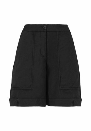Czarne szorty z wysokim stanem, z przodu na guzik, z przeszyciami pionowych szwów, dwoma dużymi przednimi kieszeniami i podwiniętymi nogawkami.