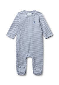 Dětský overal s dlouhými rukávy modro-bílé pruhovaný, s bolérky a malým vyšitým ananasem na hrudi.