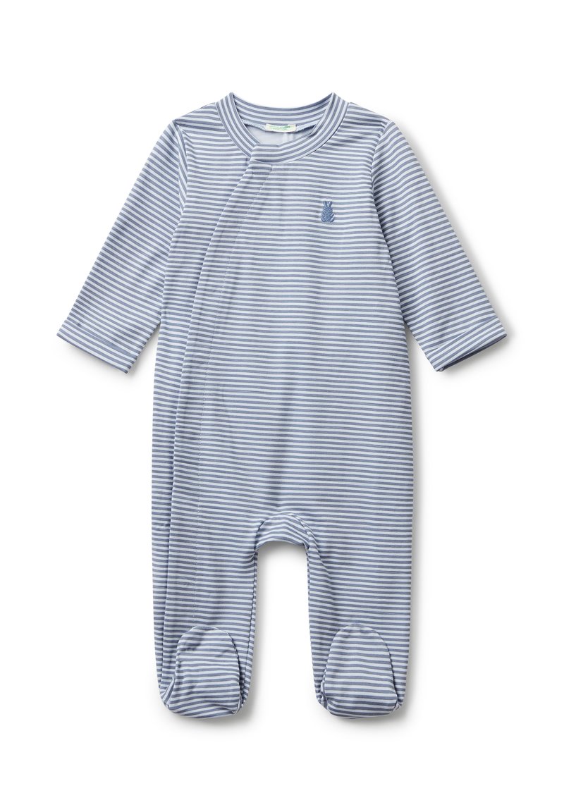 Dětský overal s dlouhými rukávy modro-bílé pruhovaný, s bolérky a malým vyšitým ananasem na hrudi.