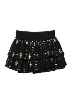 Crna slojevita mini suknja s elastičnim pojasom, ukrašena vertikalnim uzorcima srebrnih šljokica i skupinama šljokica u obliku dijamanata.