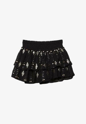 Crna slojevita mini suknja s elastičnim pojasom, ukrašena vertikalnim uzorcima srebrnih šljokica i skupinama šljokica u obliku dijamanata.