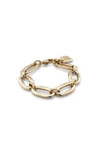 Pulsera de cadena tono dorado con eslabones alargados y lisos, y un charm decorativo. Cuenta con un cierre seguro y un acabado pulido.