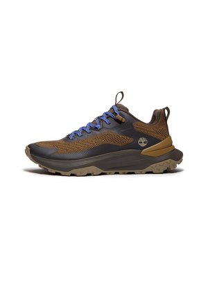 Brown and black hiking shoes with a textured mesh upper, blue laces, and a sturdy rubber outsole featuring a rugged tread pattern.