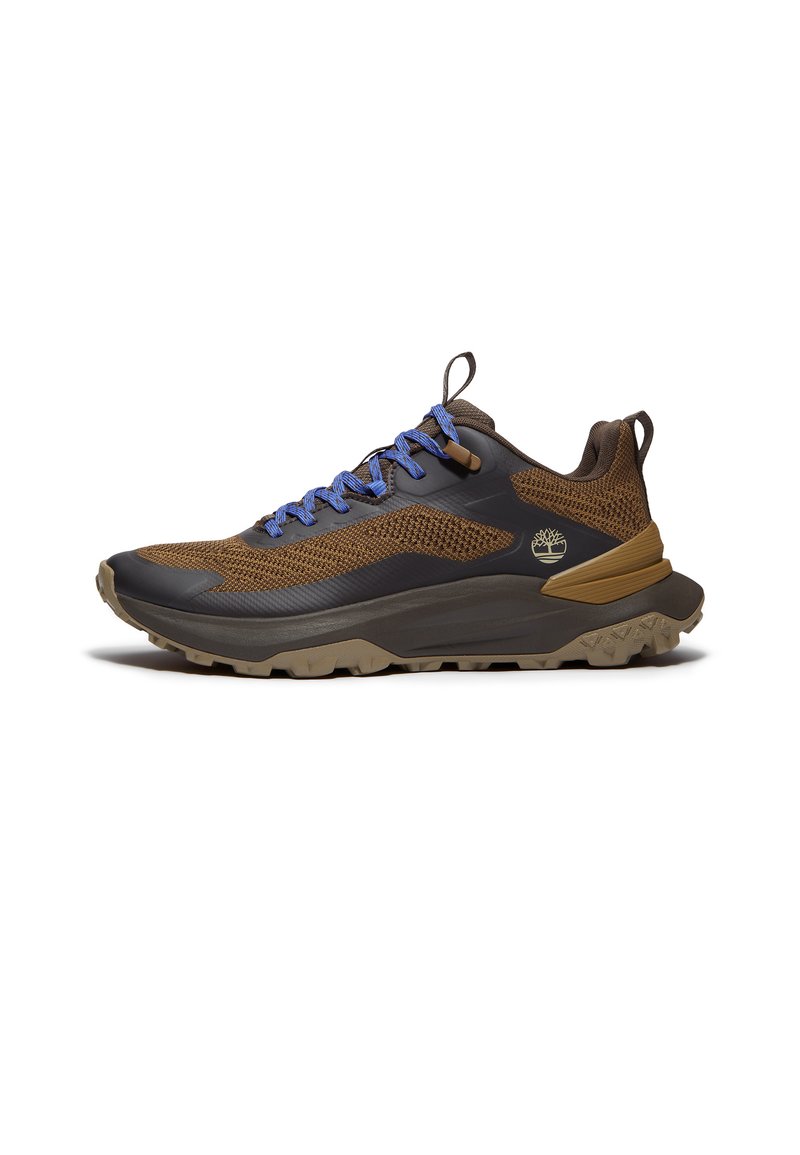Brown and black hiking shoes with a textured mesh upper, blue laces, and a sturdy rubber outsole featuring a rugged tread pattern.