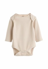 Langärmliger Babybody aus hellbeigem, geripptem Stoff mit Druckknöpfen im Schritt und einem runden Halsausschnitt für ein einfaches Ankleiden.