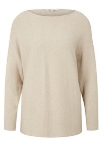 Beiger, gerippter Strickpullover mit weitem Ausschnitt und langen Ärmeln, der eine lockere Passform und eine subtile Textur aufweist.