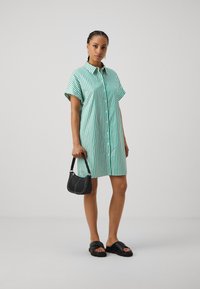 Rochie camasa cu dungi verticale verzi si albe, cu maneci scurte si guler; purtata cu sandale negre si o poseta mica neagra.