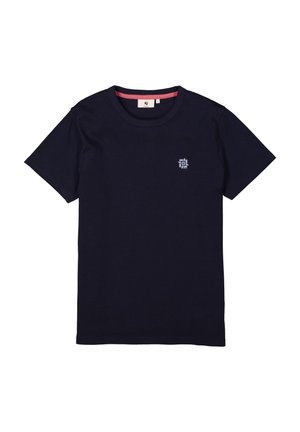 Navy blue cotton t-shirt featuring a round neckline and short sleeves, with a small white logo printed on the left chest area.