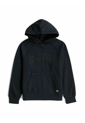 Black hooded sweatshirt with front pocket and embossed G-STAR logo across the chest, long sleeves, and ribbed cuffs and hem.