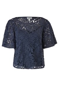 Haut en dentelle bleu marine avec des manches courtes et larges, présentant un motif floral et un ourlet festonné. Texture lisse avec un design à coupe ample.