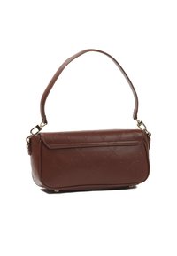 Brown leather handbag with embossed pattern, a short strap, rectangular shape, and gold hardware accents.