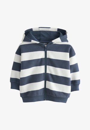 Giacca con cappuccio e zip per bambino piccolo con ampie strisce orizzontali blu navy e bianche e polsini e orlo a coste.