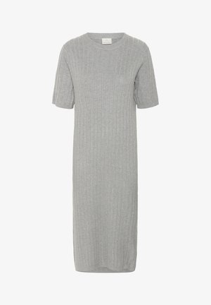 Gray ribbed knit dress with a crew neckline and short sleeves, featuring a straight cut and knee-length hem. Soft texture and minimal design.