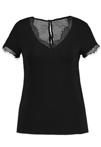 T-shirt noir à manches courtes, avec un col en V et des détails en dentelle autour de l'encolure et des bords des manches. Texture lisse, coupe décontractée.