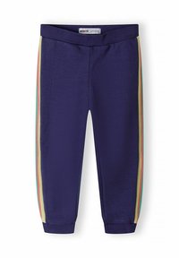 Navy blue jogger-housut, jotka on valmistettu pehmeästä kankaasta ja joissa on värikkäitä sivuvarsia vihreänä, punaisena ja keltaisena. Kireä vyötärö ja hihansuut.