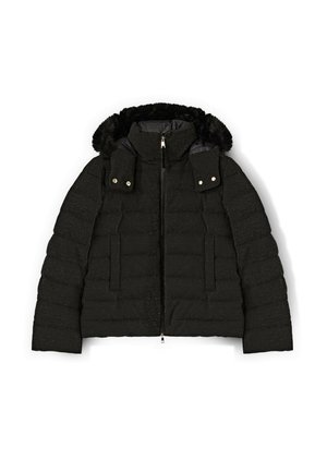 Giacca cropped nera in nylon imbottito con chiusura a zip, cappuccio con rifinitura in pelliccia sintetica e due tasche frontali; tessuto testurizzato con un leggero luccichio.