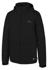 Černá venkovní bunda se zipem vpředu, kapucí a dvěma předními kapsami. Obsahuje logo na hrudi a elastické manžety. Hladká, voděodolná tkanina.