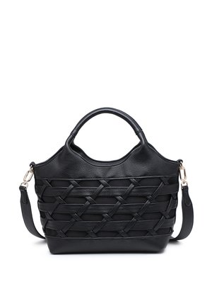 Sac à main noir avec des bandes de cuir tressées, des poignées arrondies et une bandoulière amovible, sur fond blanc.