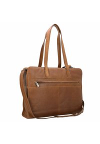 Braune Leder-Tote-Tasche mit zwei Griffen und einem verstellbaren Riemen. Verfügt über eine Vorderreißverschlusstasche und eine glatte Textur im rechteckigen Design.