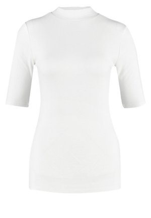 Hvit ribbete topp med høy hals, korte ermer og tettsittende design. Glatt tekstur og minimalistisk utseende uten ekstra detaljer.