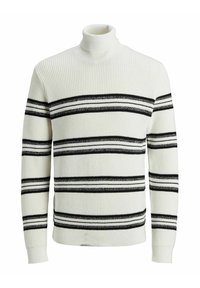 Weißer Strick-Mockturtleneck-Pullover mit horizontalen Schwarz-Weiß-Streifen, geripptem Textur und engen Bündchen sowie Saum.