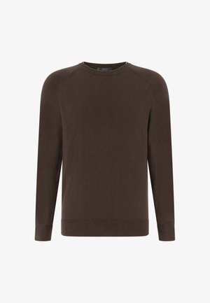 Tmavohnedý sveter s dlhými rukávmi, s rebrovanými manžetami, výstrihom a lemom, zobrazený na bielom pozadí.