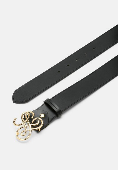 Zwarte leren riem met een decoratief, goudkleurig gesp met een ingewikkeld, slingerend ontwerp en meerdere verstelgaten.