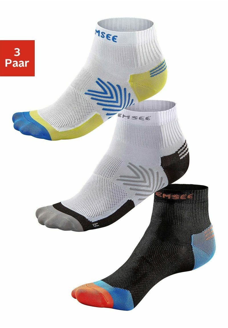 Drei Paar Knöchelsocken in Weiß, Schwarz und Grau, mit Netzpaneelen, bunten Akzenten an Zehen und Fersen sowie einem strukturierten Design für zusätzlichen Halt.
