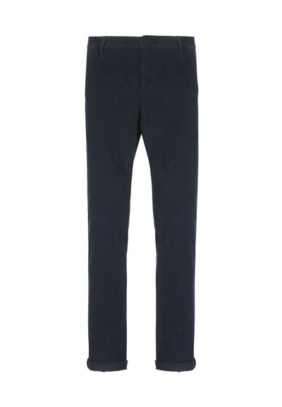 Pantaloni da uomo blu navy con taglio dritto, passanti per cintura, chiusura con bottone frontale e risvolti.
