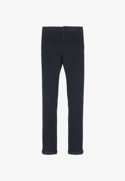 Pantaloni da uomo blu navy con taglio dritto, passanti per cintura, chiusura con bottone frontale e risvolti.