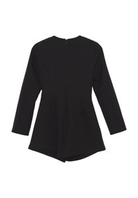 Romper nero a maniche lunghe da donna con vita aderente e zip nascosta sul retro, mostrato da dietro su uno sfondo bianco.