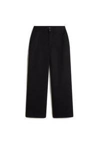 Zwarte wijde broek gemaakt van katoen, met een knoop- en ritsluiting, twee zijzakken en een schone, gladde textuur.