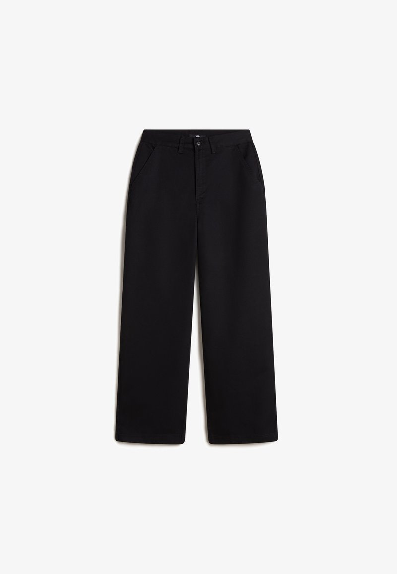 Pantalones de pierna ancha negros, hechos de algodón, con cierre de botón y cremallera, dos bolsillos laterales y una textura limpia y suave.
