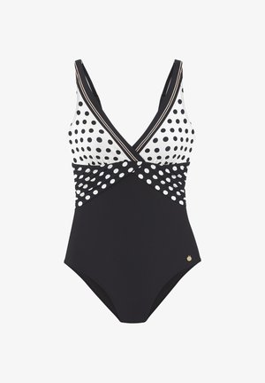 Bañador de una pieza con escote en V profundo, parte inferior negra y estampado de lunares en blanco y negro. Presenta fruncidos y un acento de logotipo dorado.