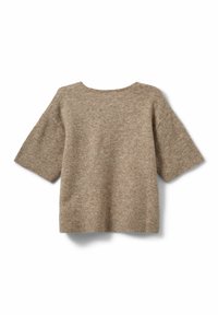 Maglione in maglia beige con maniche corte, scollatura ampia e tessuto morbido e testurizzato. Vestibilità comoda, adatto per sovrapposizioni o per un look informale.